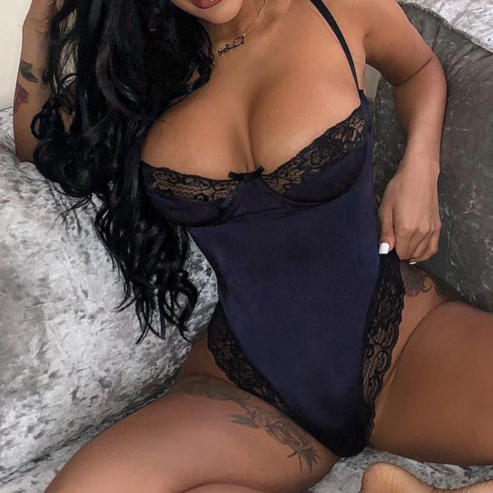 Contrast Lacy High Cut Navy Teddy Lingerie